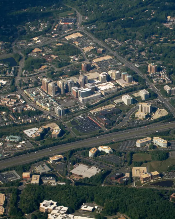 Aerial view of Reston Town Center beside the Dulles Toll Road