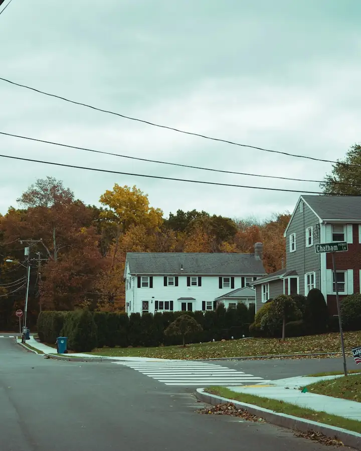 Tree-lined suburban street with colonial houses in autumn