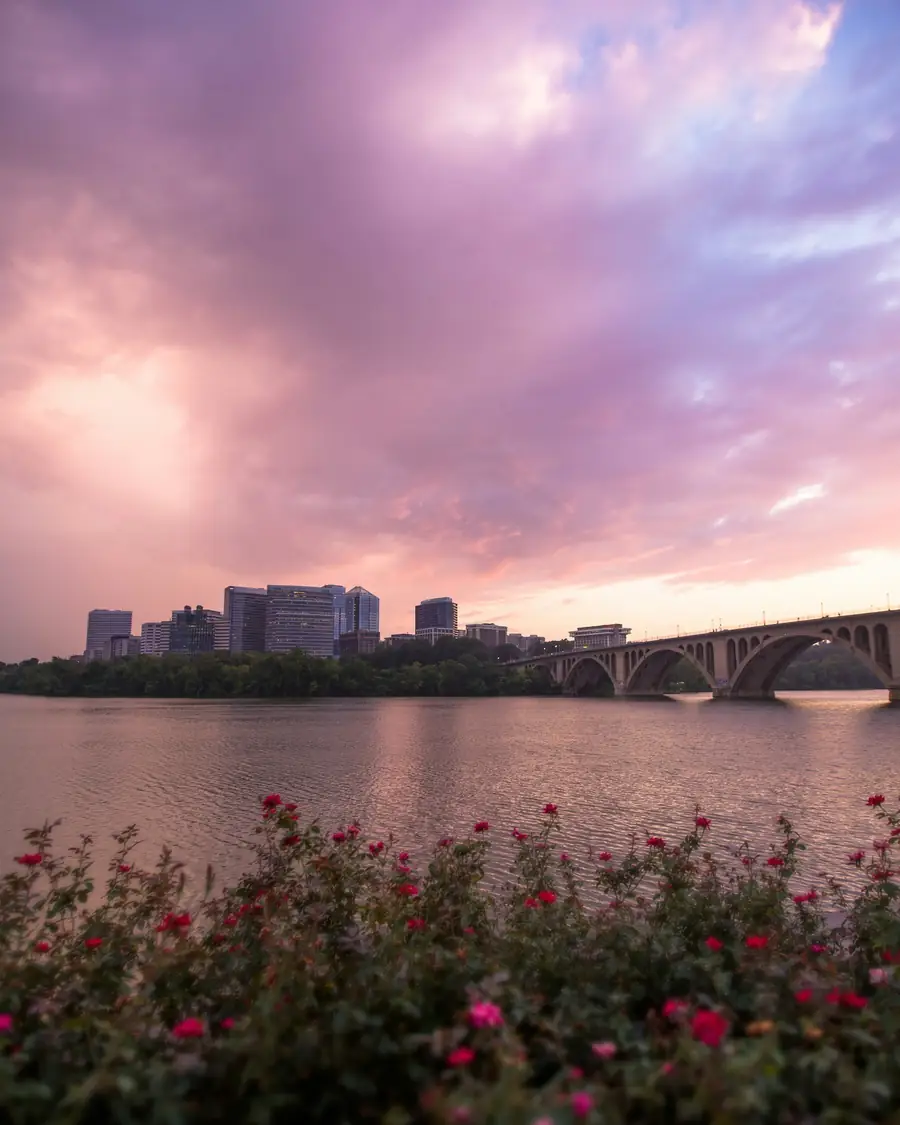 Rosslyn skyline and Key Bridge over the Potomac at sunset, Arlington, Virginia